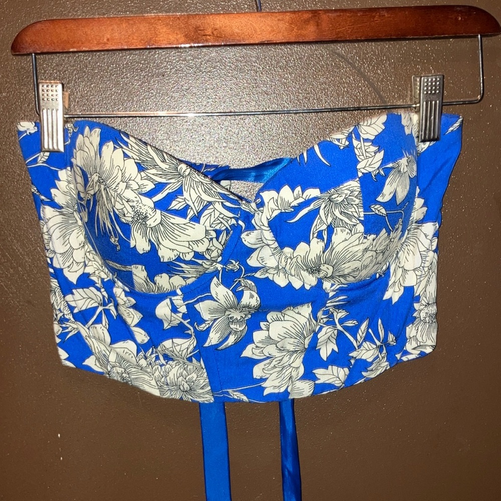 Electric Blue corset crop top with black and white flower details